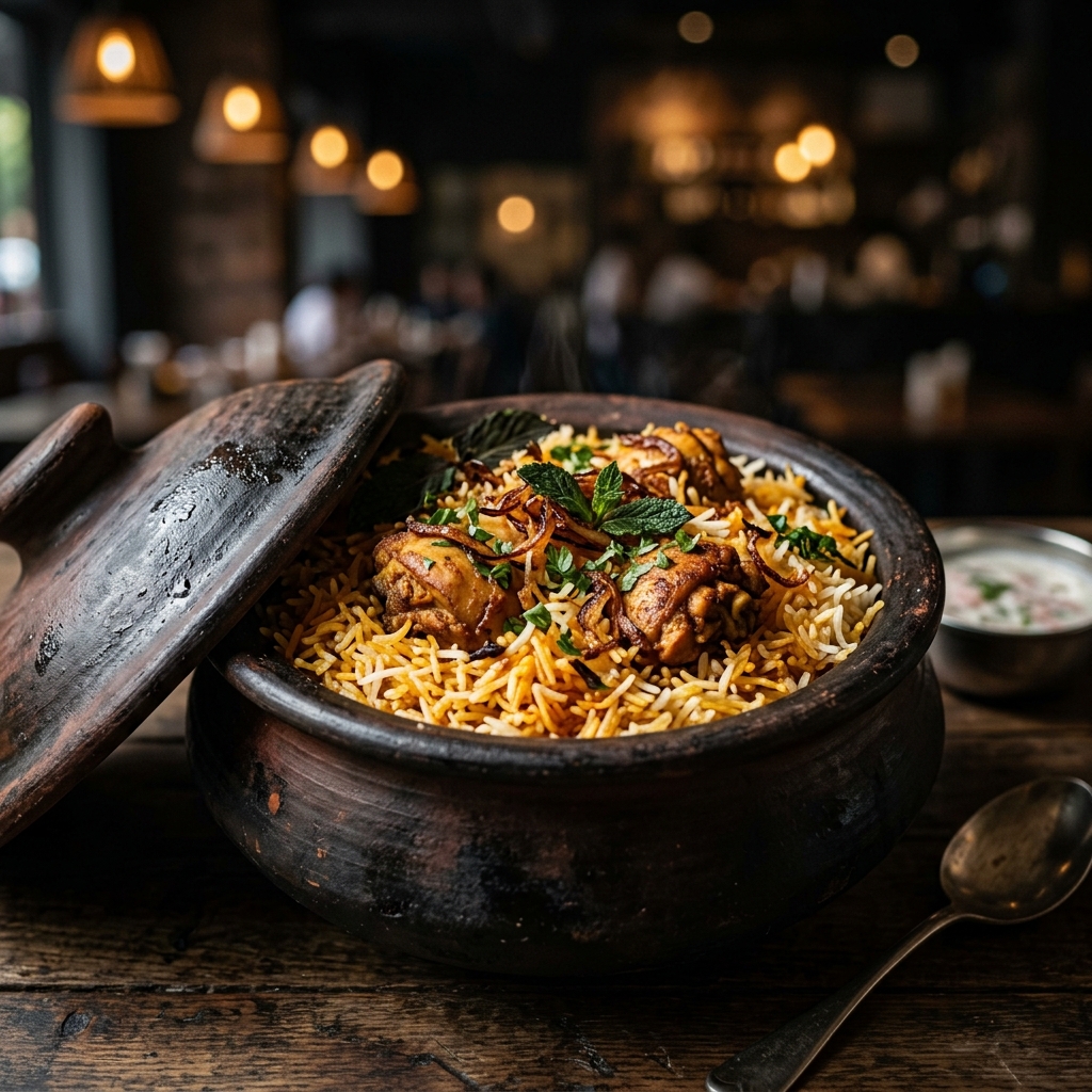 Chicken Dum Biryani served in a sealed clay handi pot with saffron-orange basmati rice, tender chicken pieces and fresh mint