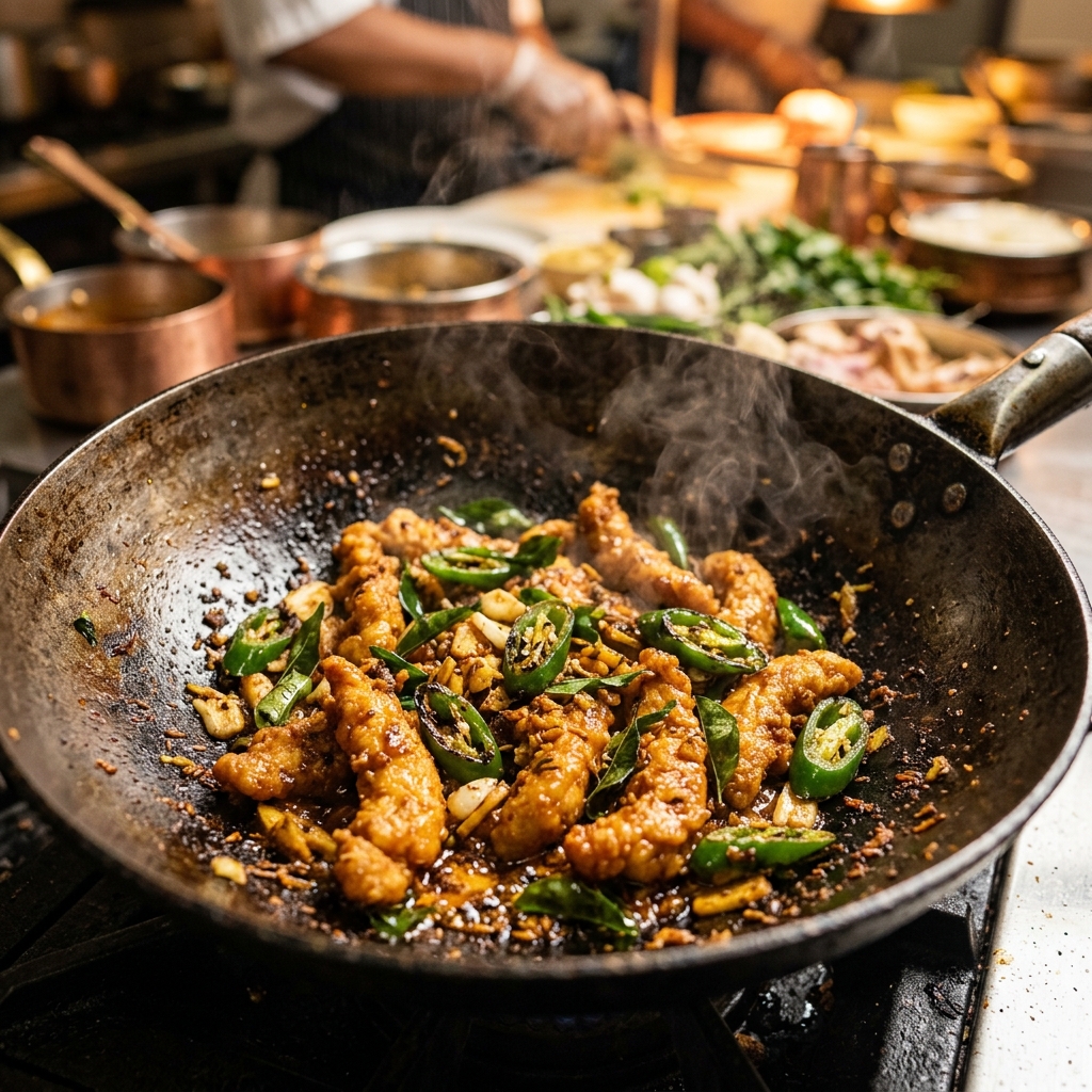 Chicken Majestic Ã¢â‚¬â€ Hyderabad classic with golden-fried chicken strips stir-fried with green chillies, garlic and spices