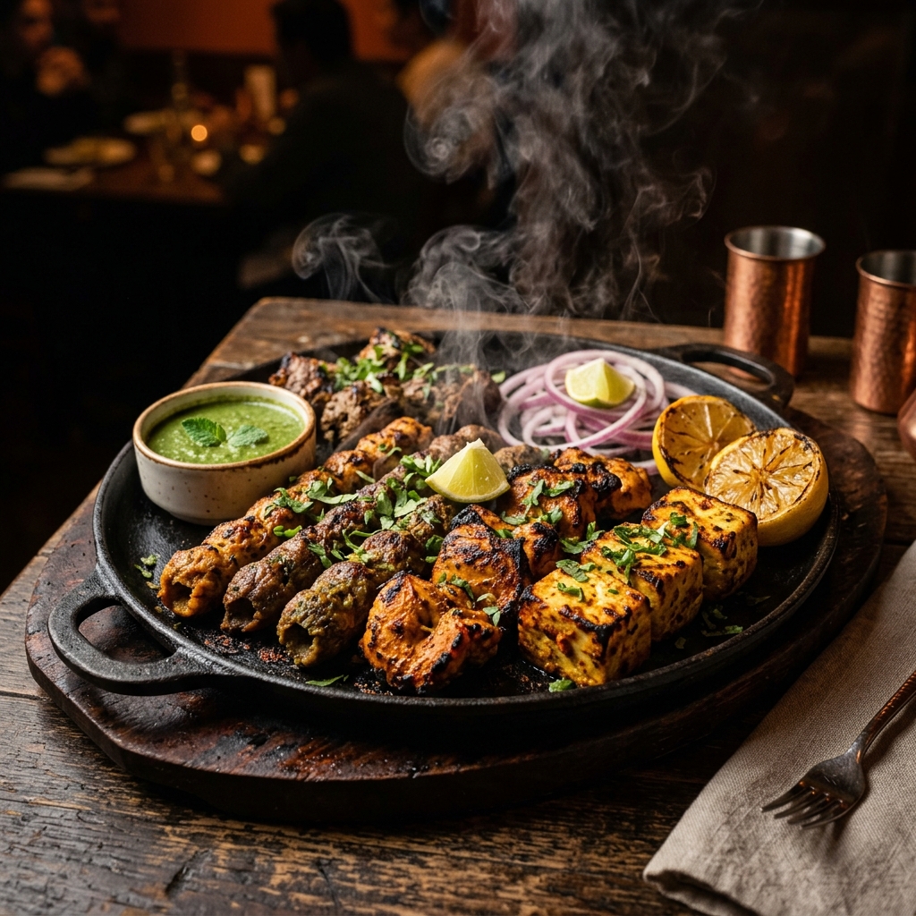 Sizzling tandoor kebabs platter Ã¢â‚¬â€ seekh kebabs, chicken tikka and paneer tikka on cast iron skillet with mint chutney and onions