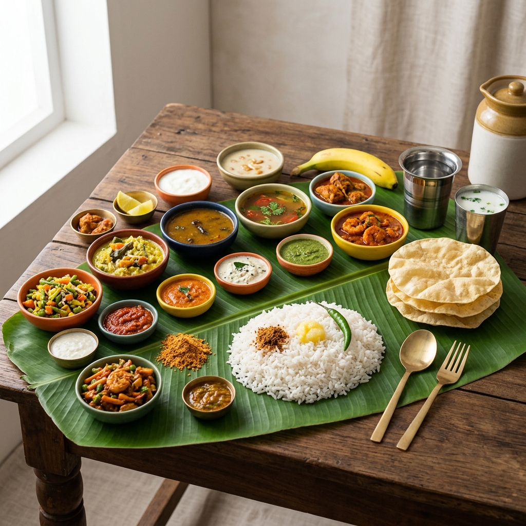 Aritaku Bhojanam - Traditional South Indian meal served on a green banana leaf with side bowls of curries, chutneys, and rice